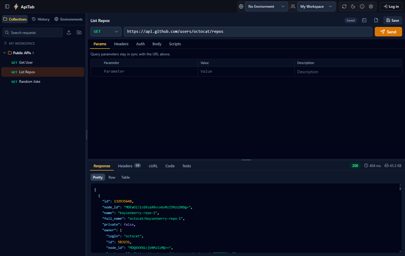 ApiTab in dark mode