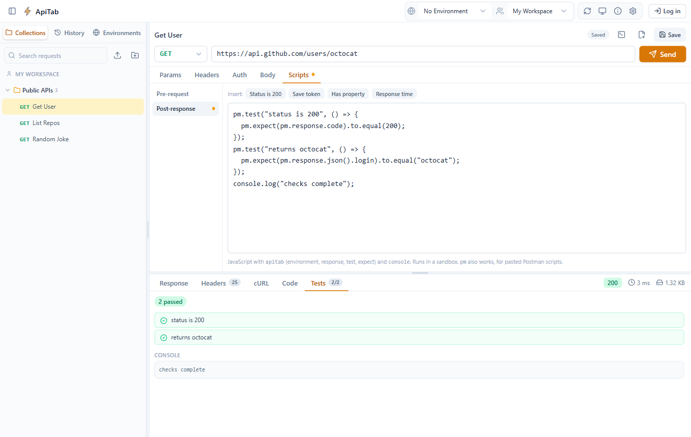 ApiTab pre and post-request test scripts with passing tests